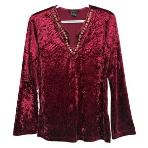Dimri Burgundy Crushed Velvet Top M Beaded Sequin V-Neck Boho Y2K